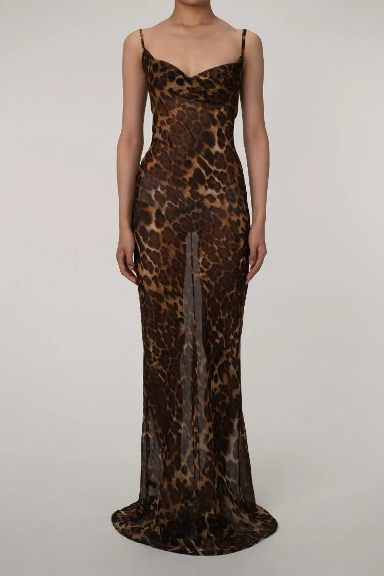 Leopard Spaghetti Strap Cowl Neck Chiffon Slip Maxi Dress - Coffee