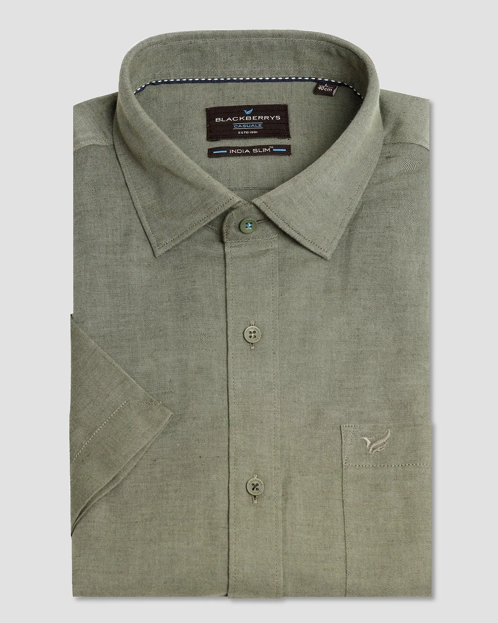 Linen Casual Half Sleeve Olive Solid Shirt - Salmon