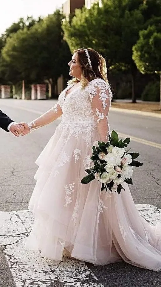 Long Sleeve Blush Lace Plus Size Wedding Dress