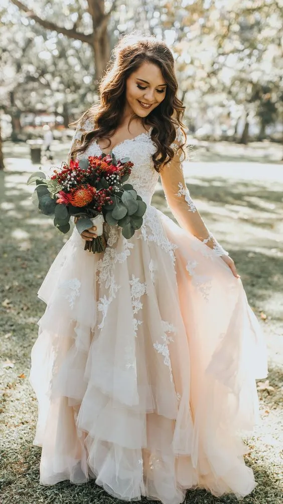 Long Sleeve Blush Lace Plus Size Wedding Dress