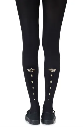 Lovely Opaque Gold Pilot Badge Print 120 Denier Black Tights