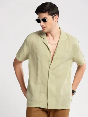 Men Cuban Collar Solid Green Casual Shirt