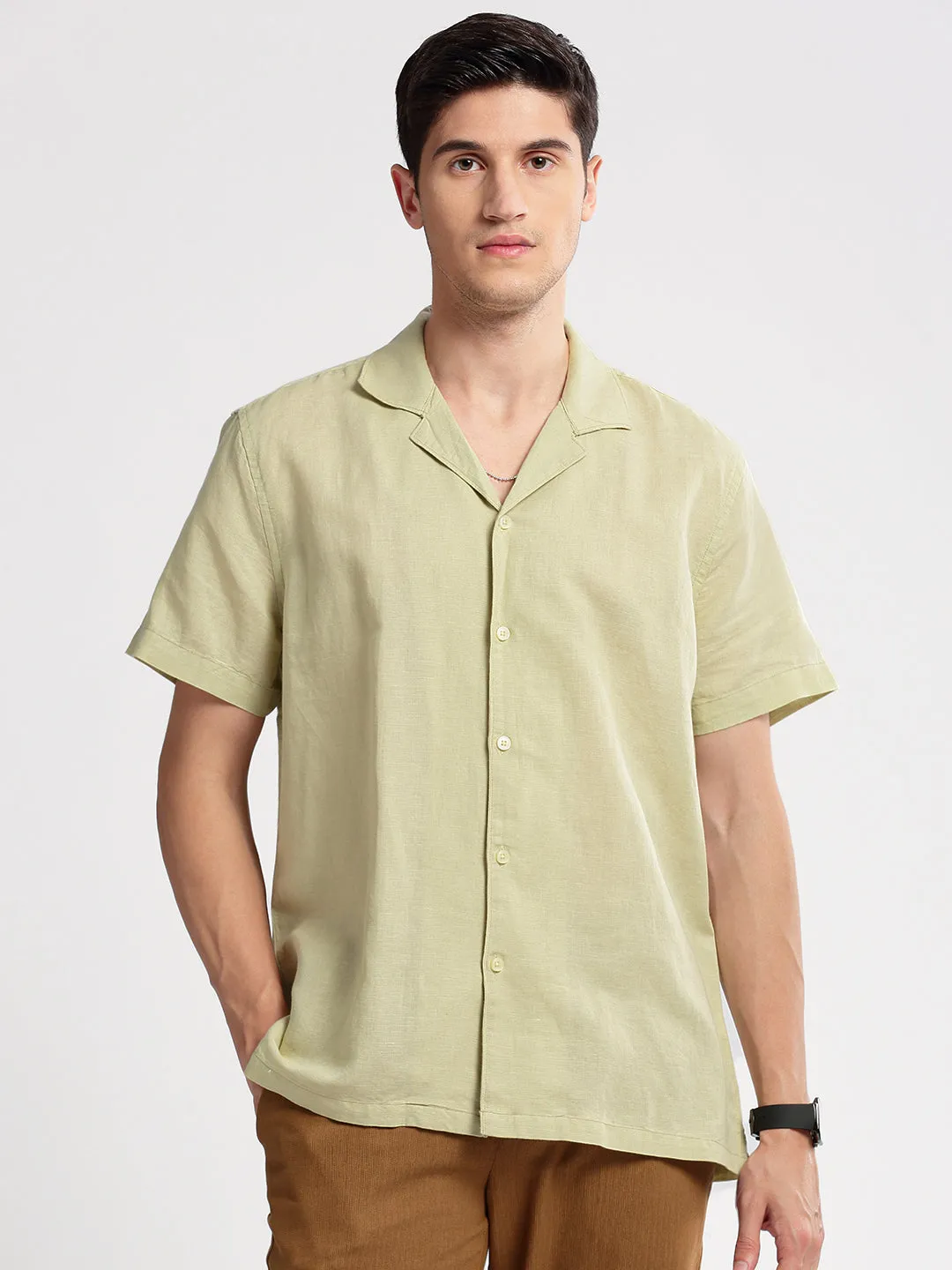 Men Cuban Collar Solid Green Casual Shirt