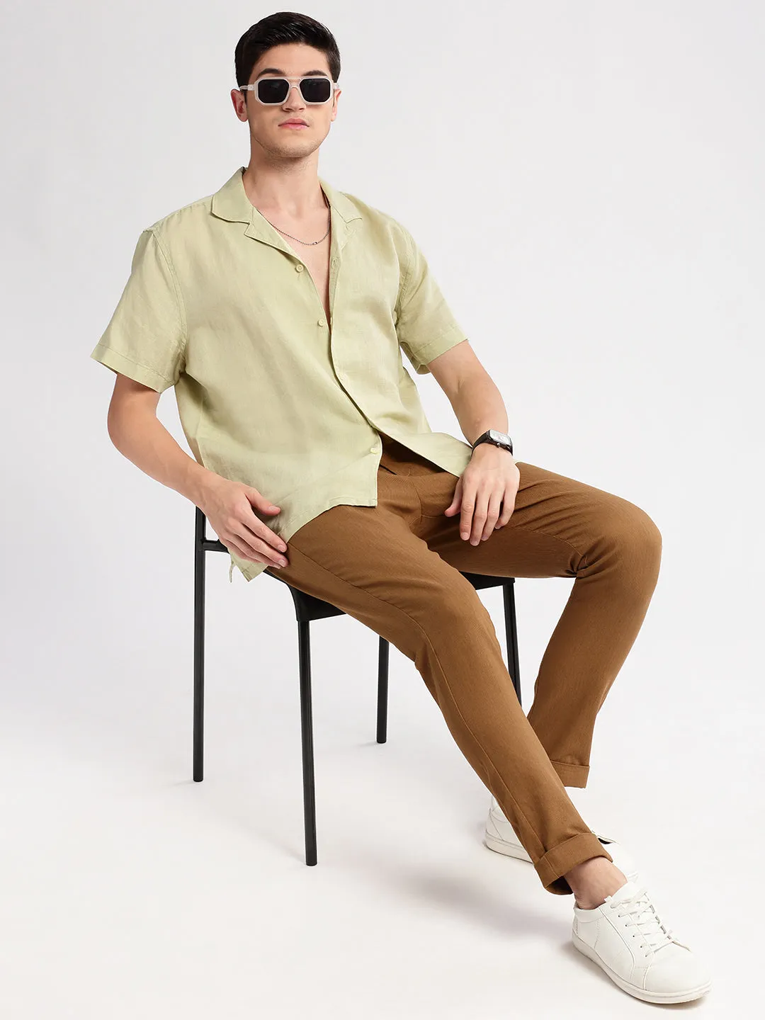 Men Cuban Collar Solid Green Casual Shirt