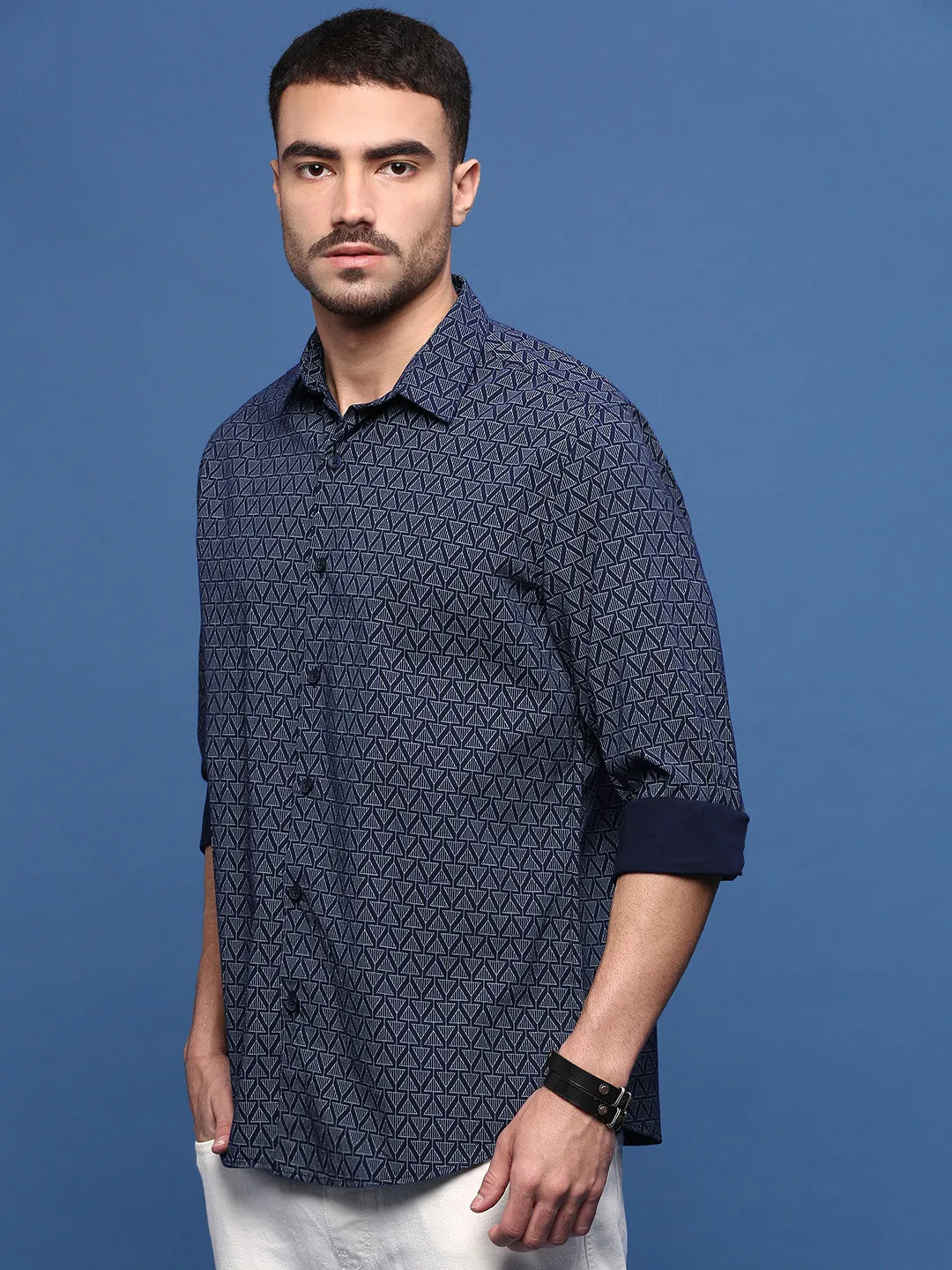 Men Navy Blue Geometric Slim Fit Shirt