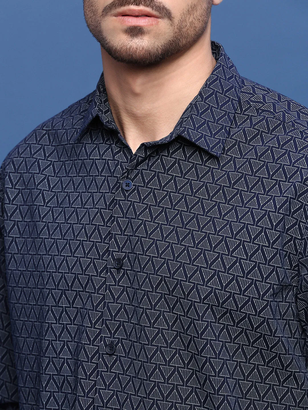 Men Navy Blue Geometric Slim Fit Shirt