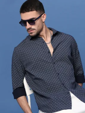 Men Navy Blue Geometric Slim Fit Shirt