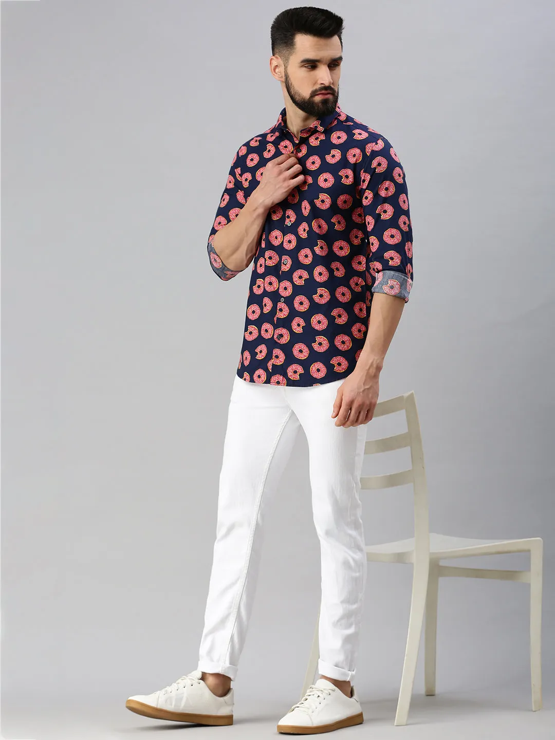 Men Navy Blue Printed Casual Shirt