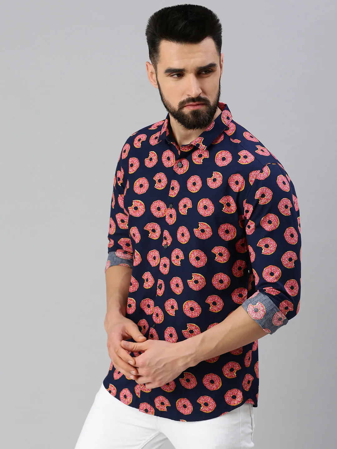 Men Navy Blue Printed Casual Shirt