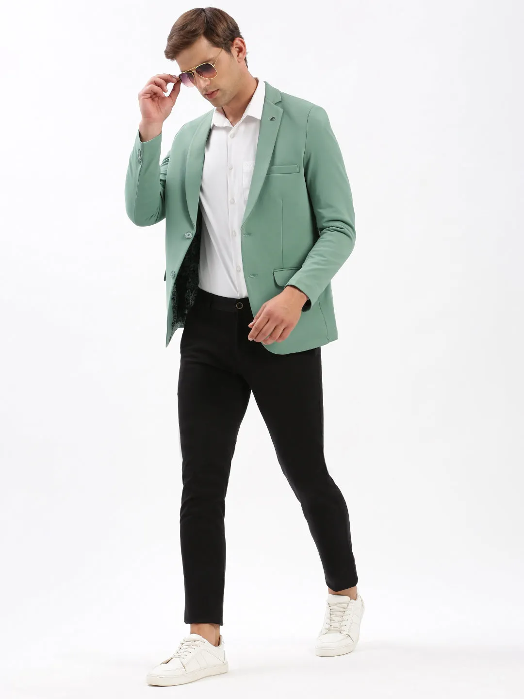 Men Notched Lapel Solid Sea Green Blazer