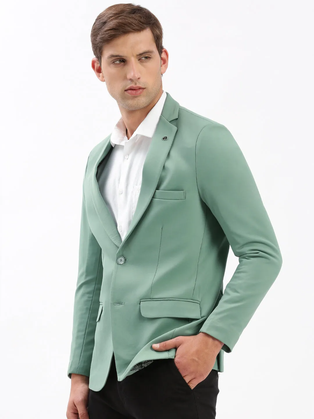 Men Notched Lapel Solid Sea Green Blazer