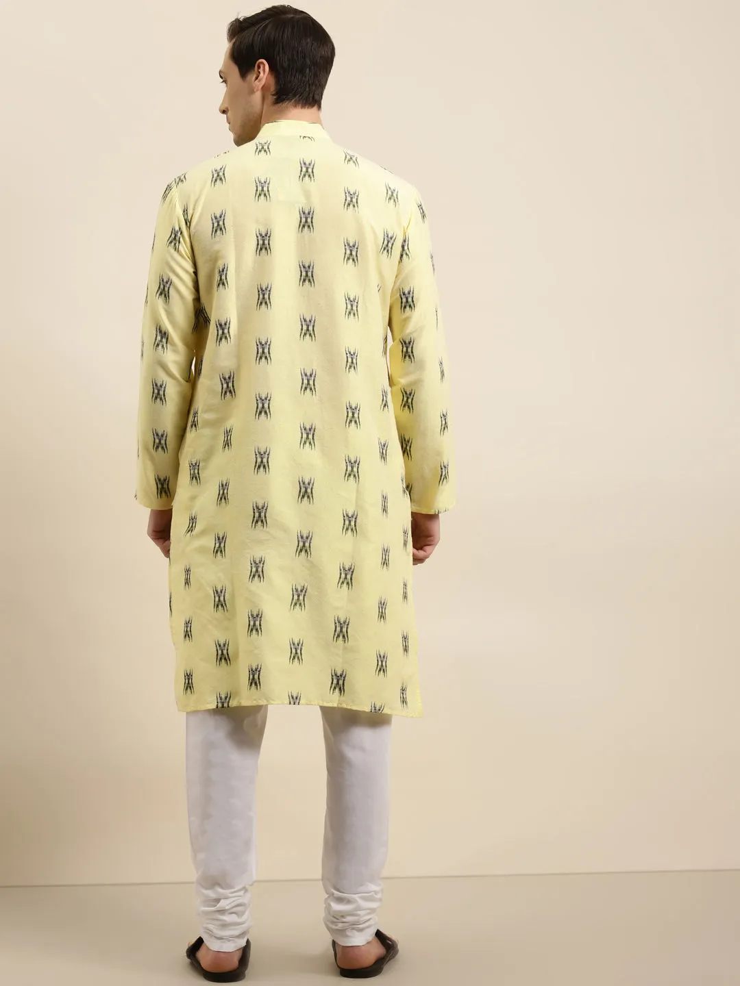 Men's Cotton Light Yellow & Black Churidar Pyjama Set - Sojanya