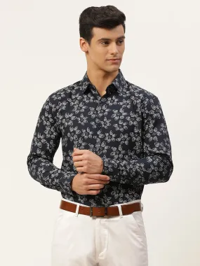 Mens Cotton Navy Blue & White Printed Formal Shirt - Sojanya