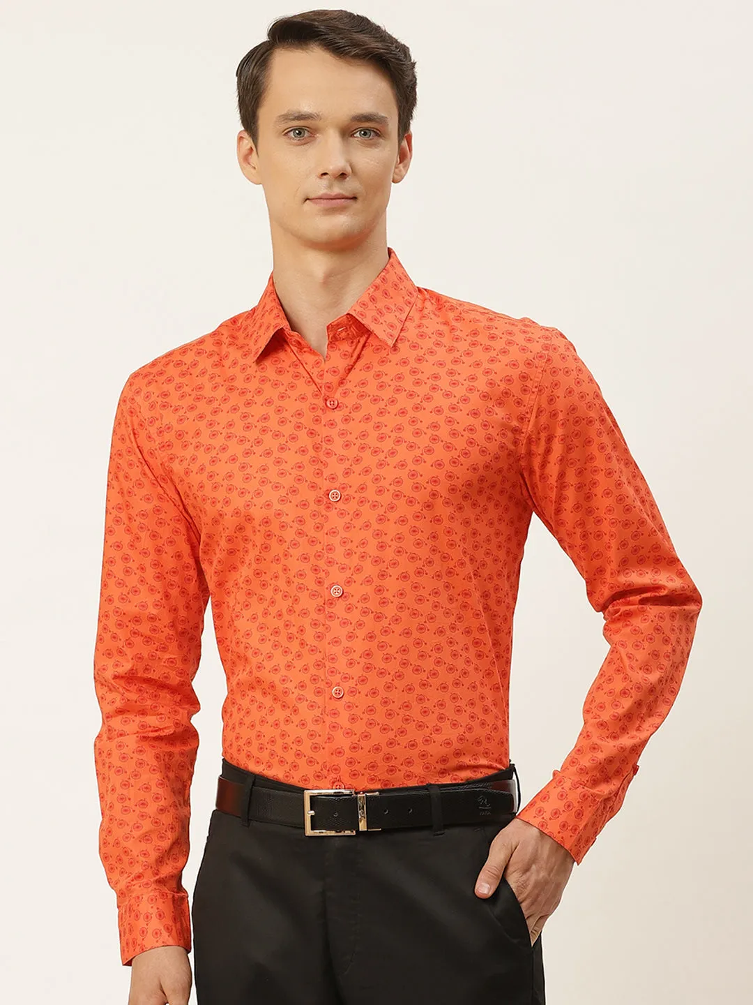 Mens Cotton Orange & Red Printed Formal Shirt - Sojanya