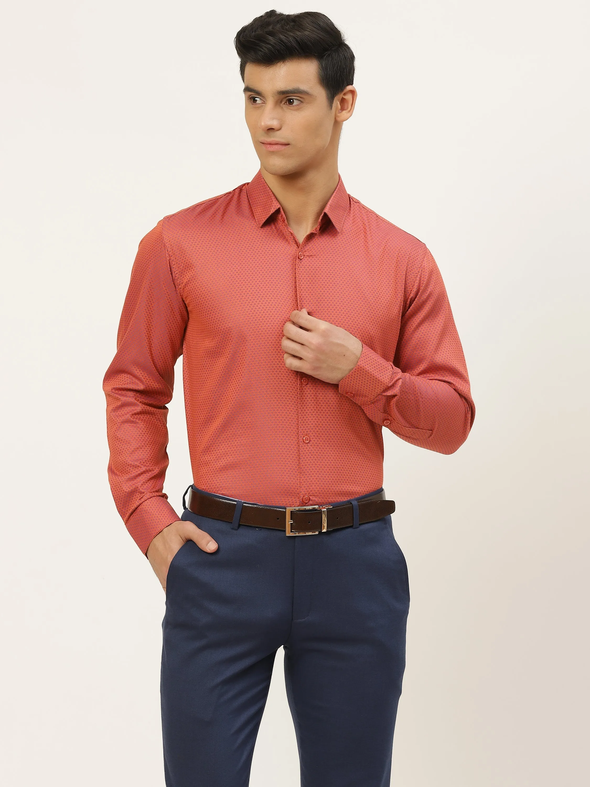 Mens Cotton Peach & Navy Blue Self Design Formal Shirt - Sojanya