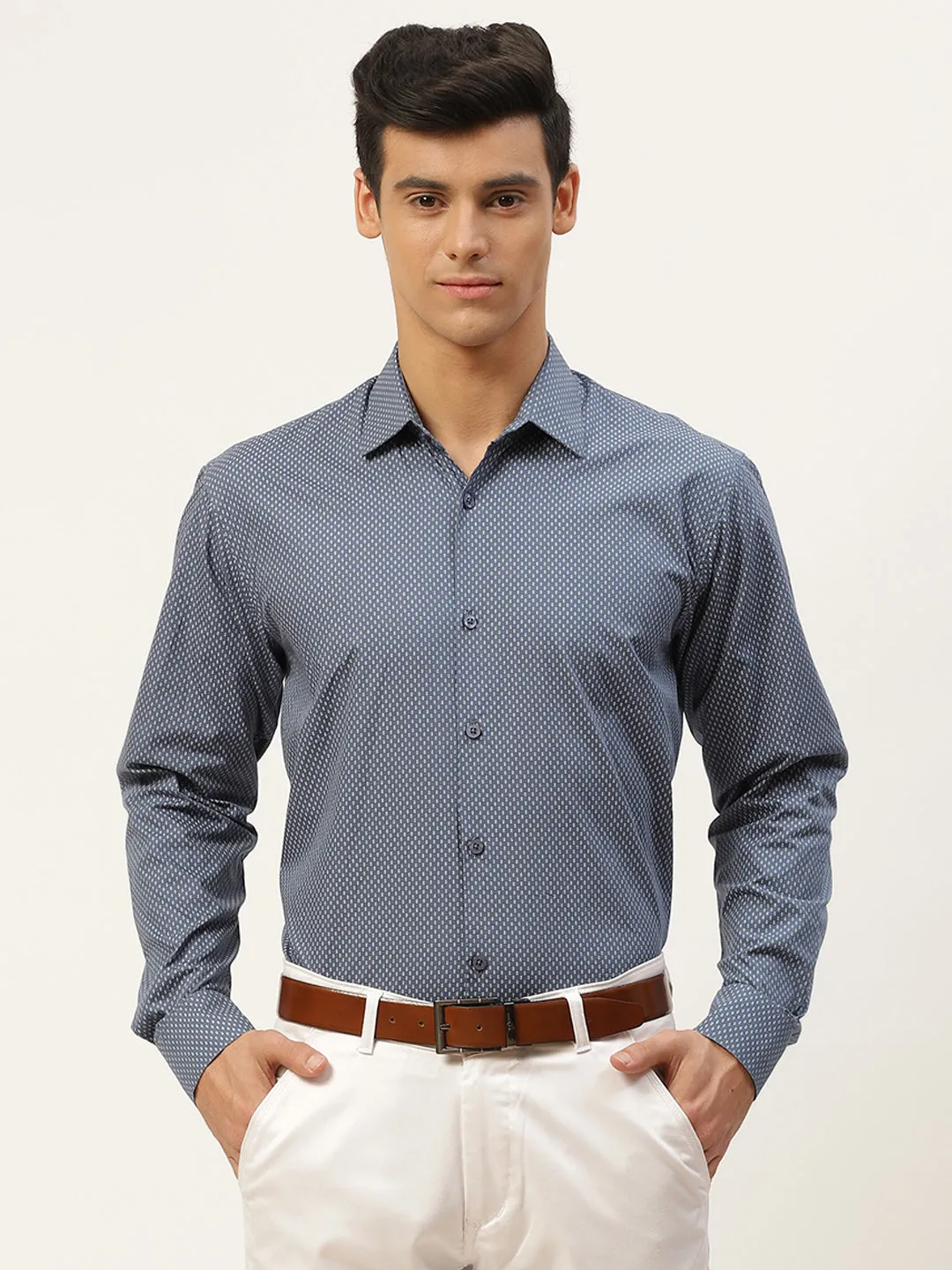 Mens Cotton Teal Blue & Offwhite Printed Formal Shirt - Sojanya