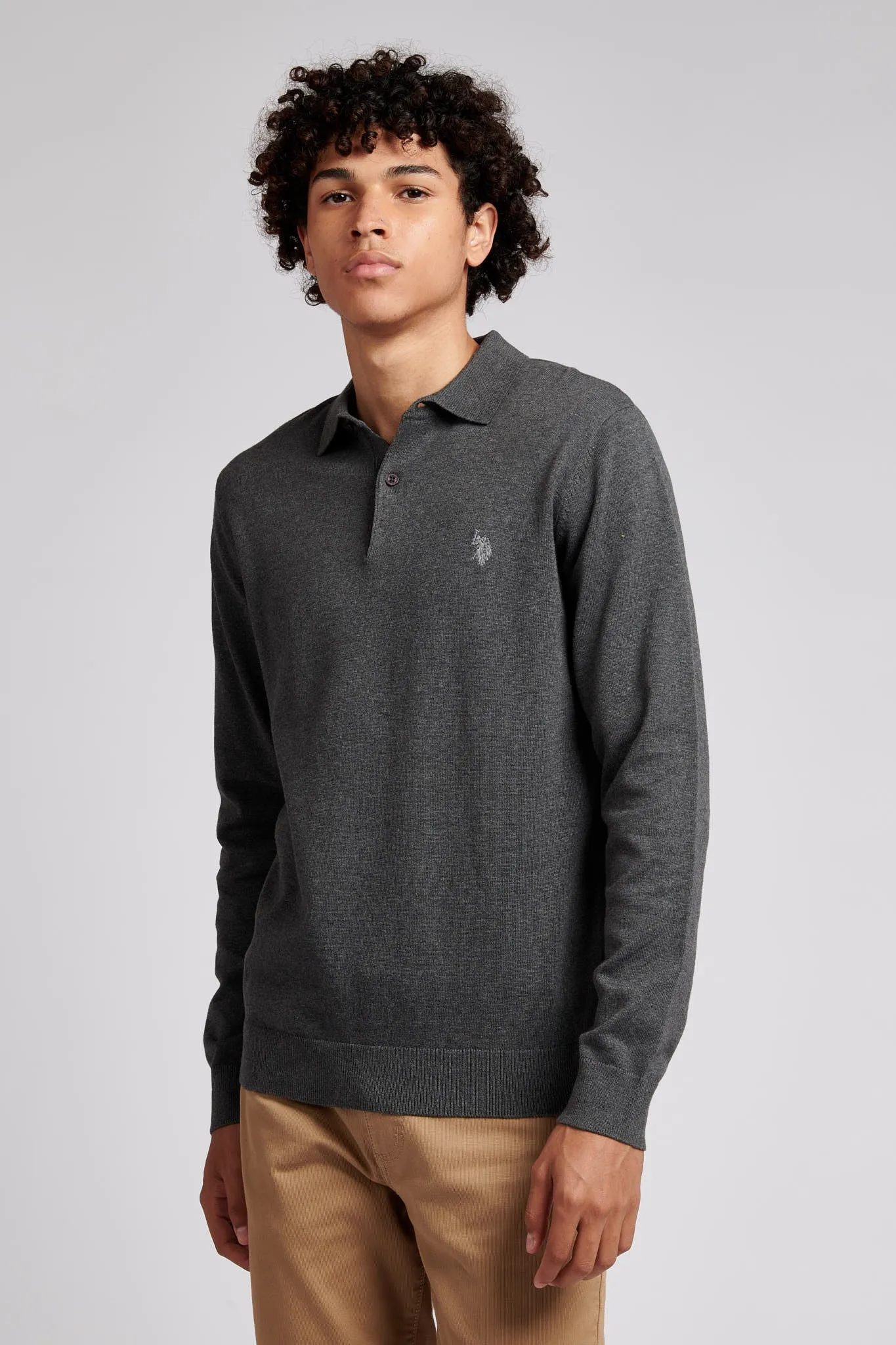 Mens Long Sleeve Knitted Polo Shirt in Charcoal Grey Marl