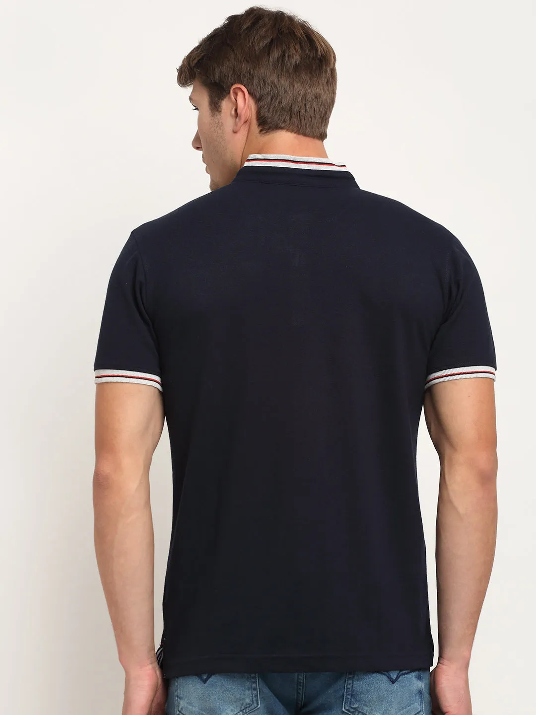 Men's Navy Blue Mandarin neck Half Sleeve T-Shirt