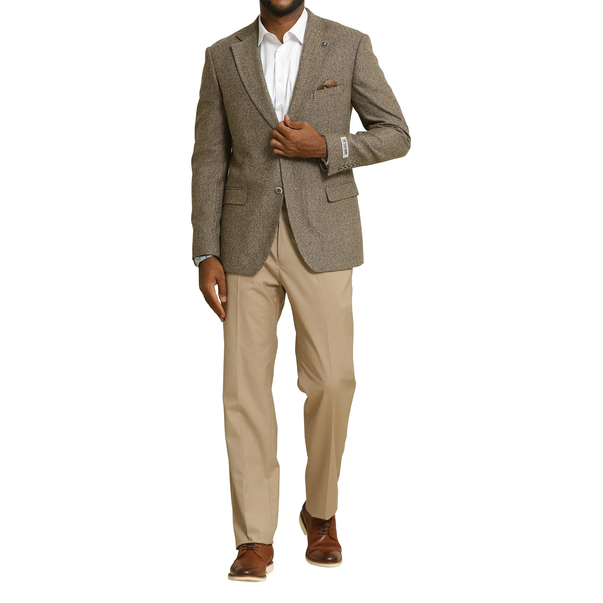 Men's Tan Herringbone Blazer with White Shirt and Beige Chinos Ensemble