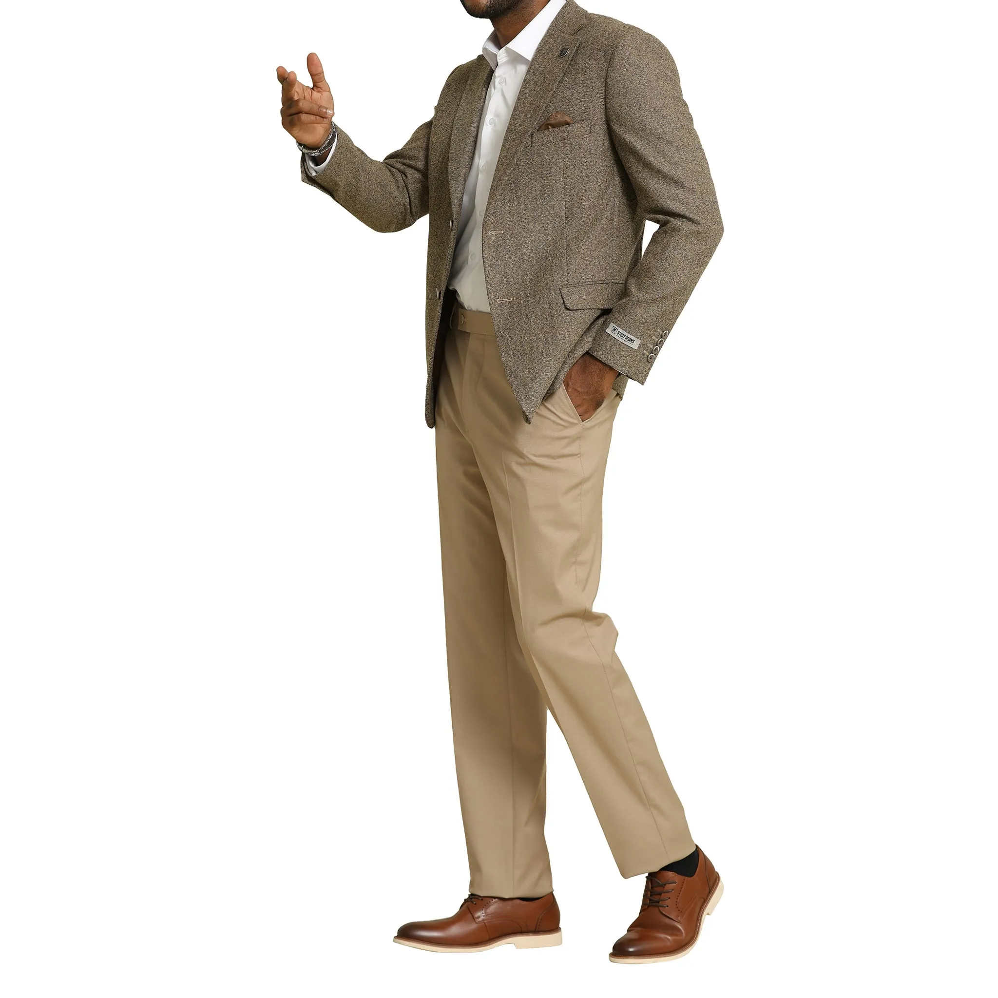 Men's Tan Herringbone Blazer with White Shirt and Beige Chinos Ensemble