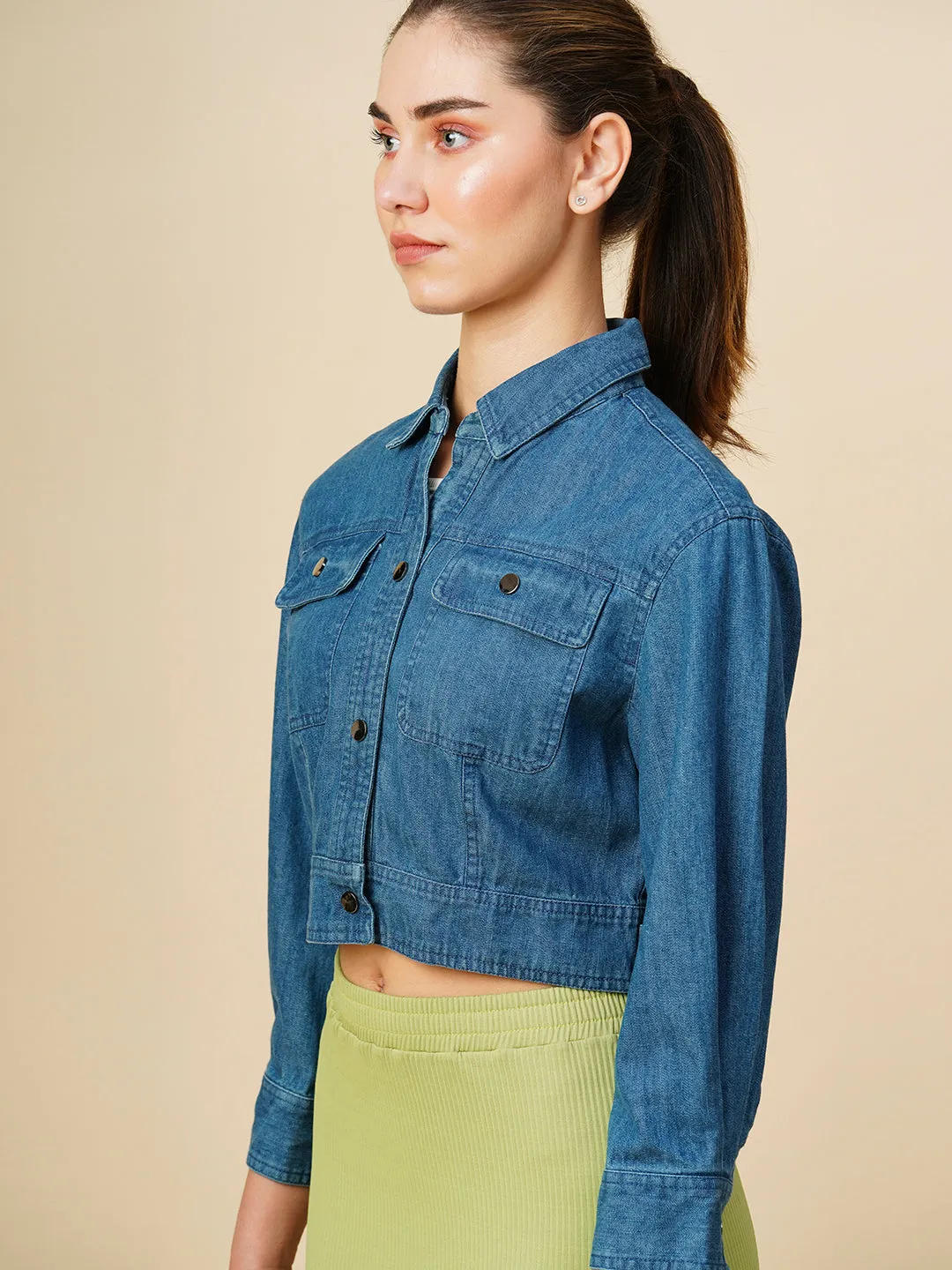 Mid Wash Denim Cropped Jacket