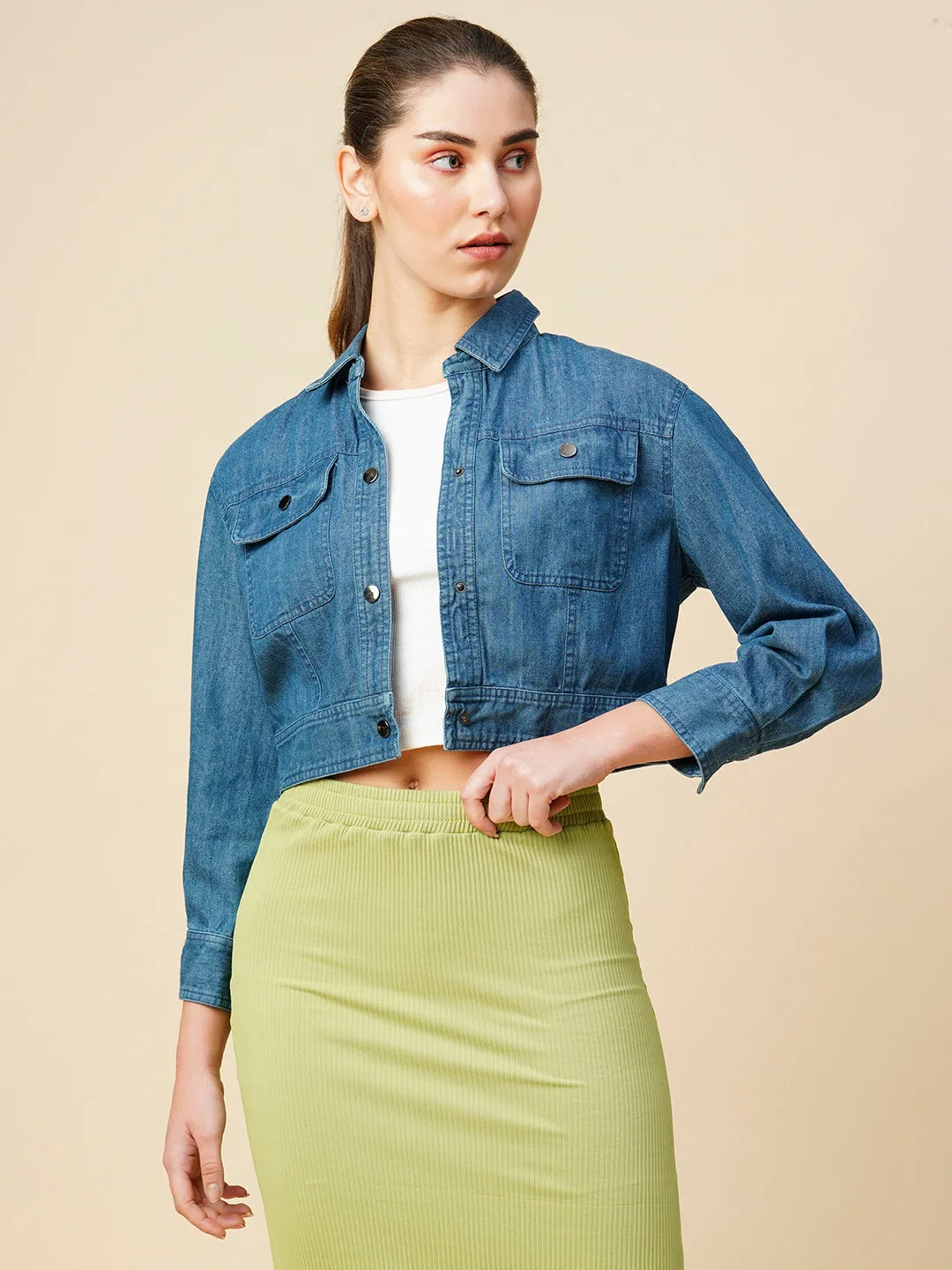 Mid Wash Denim Cropped Jacket