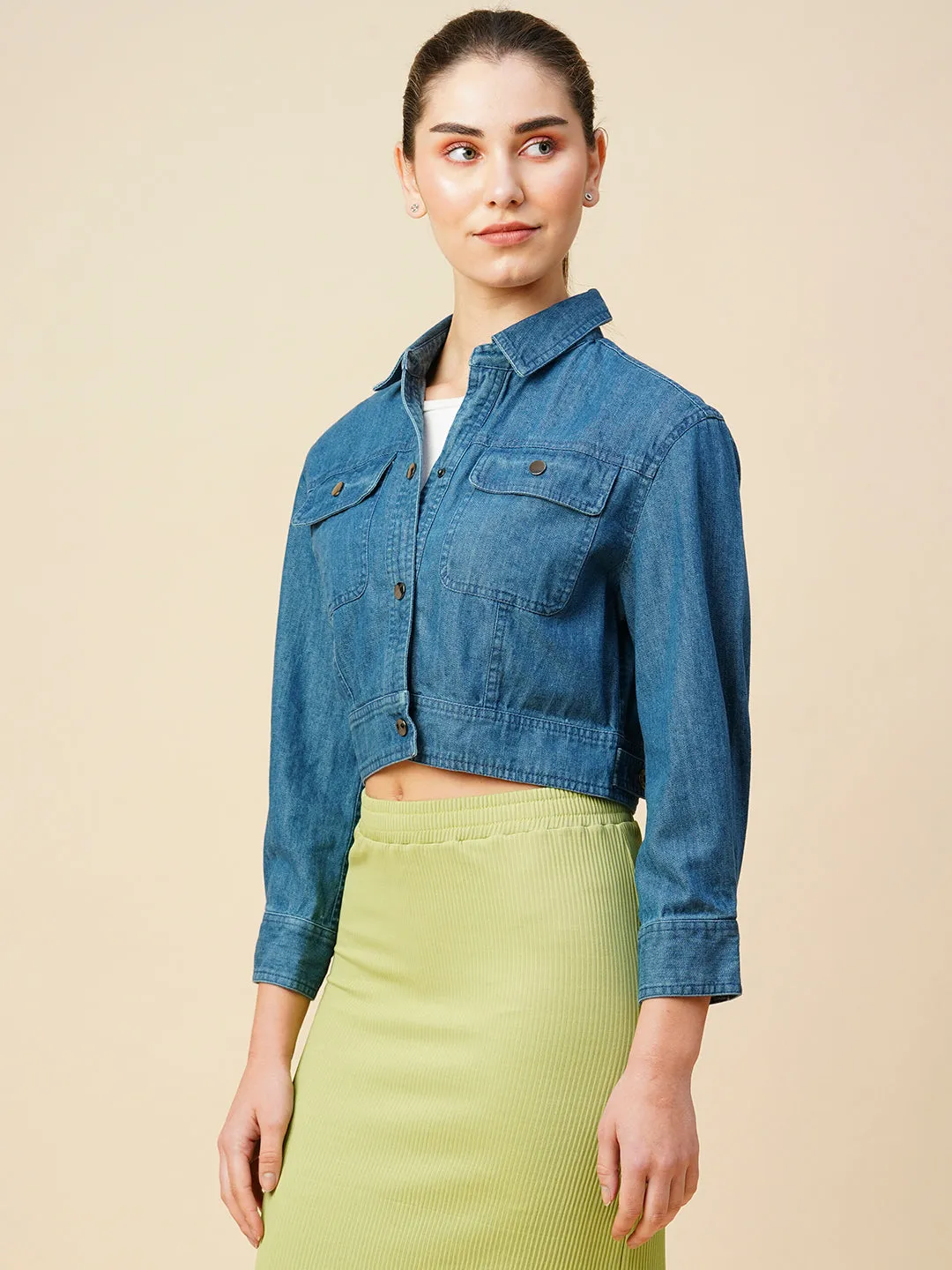 Mid Wash Denim Cropped Jacket