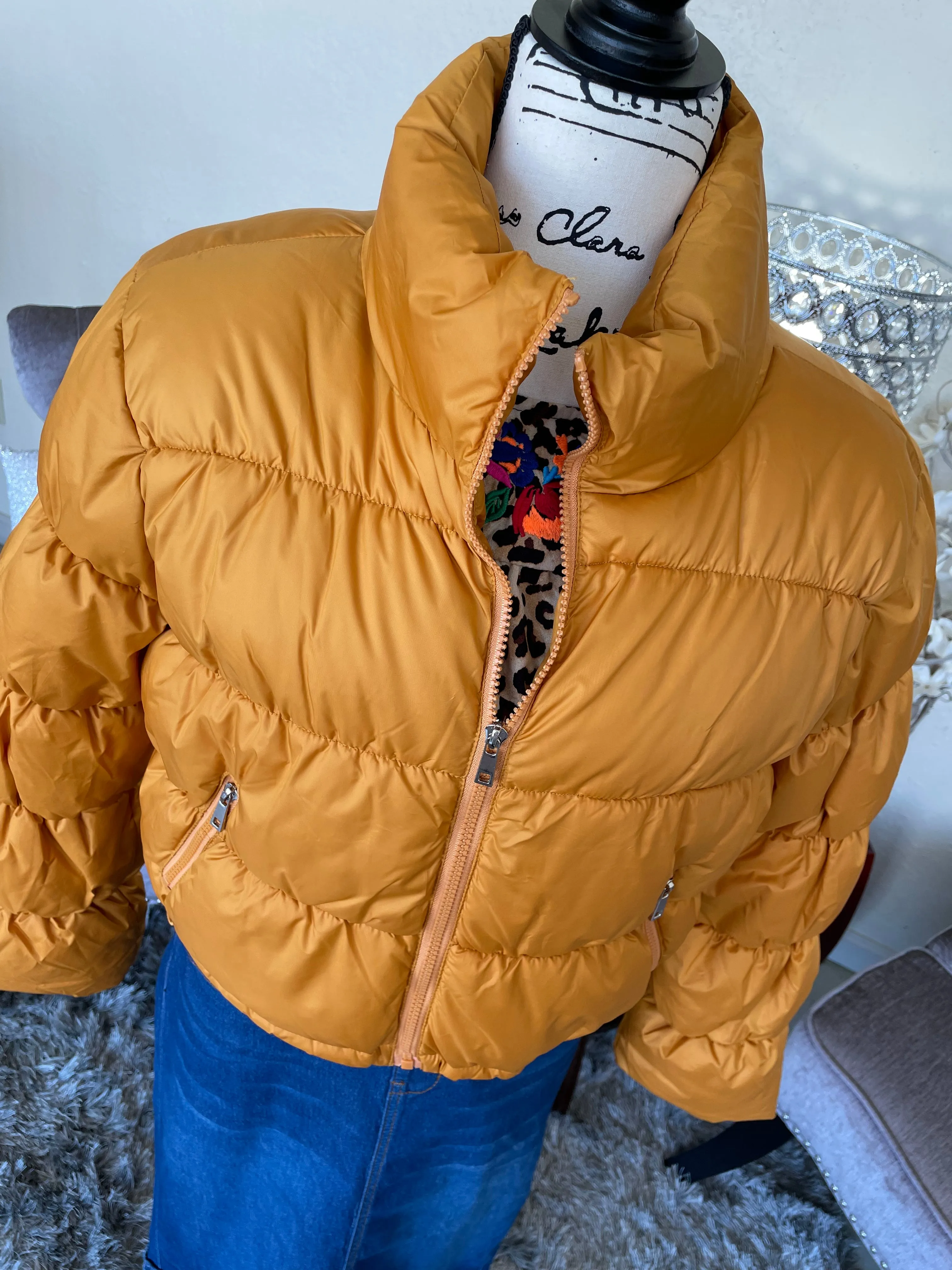 Mustard Cropped Puffy Coat