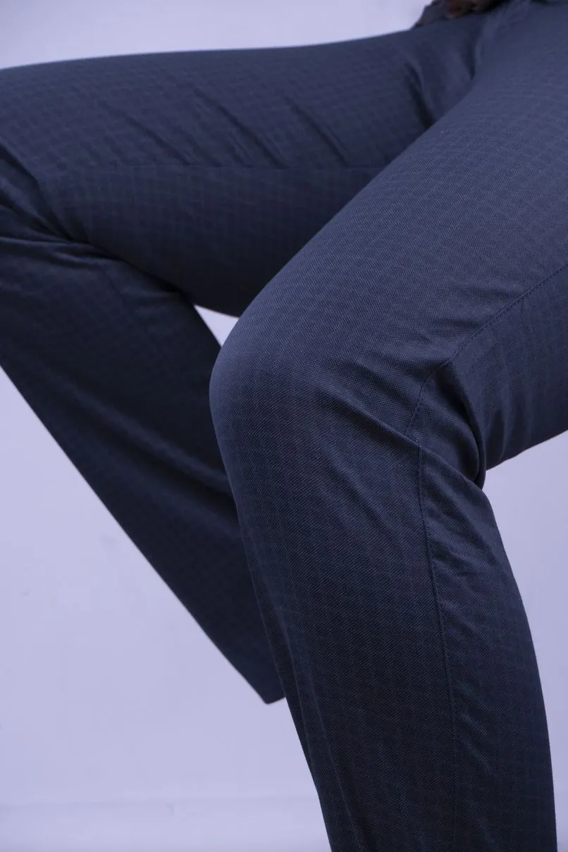 Navy Grid Checks - 2 way stretch - COTTON PANT