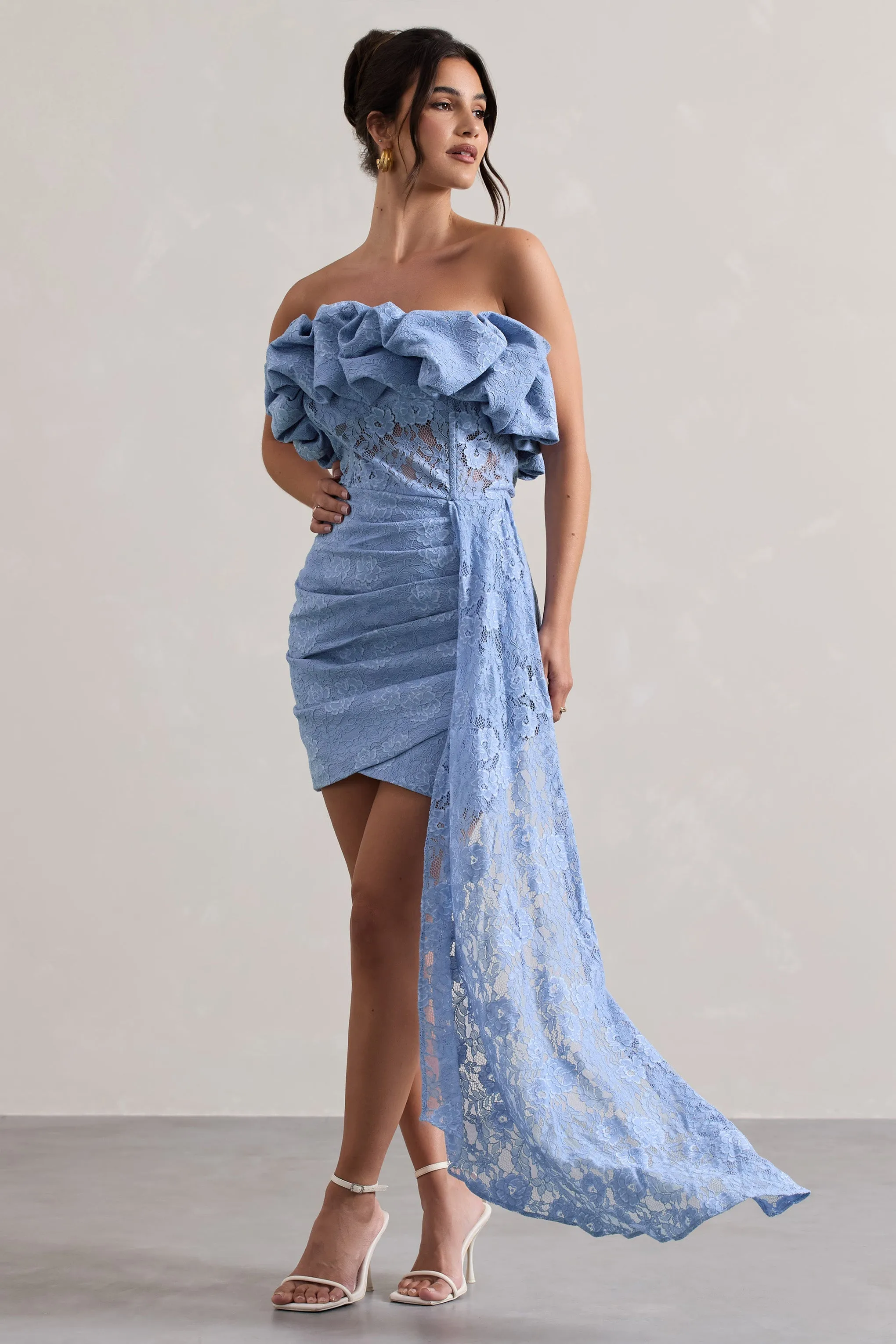 Neptune | Blue Lace Strapless Ruffled Mini Dress With Drape