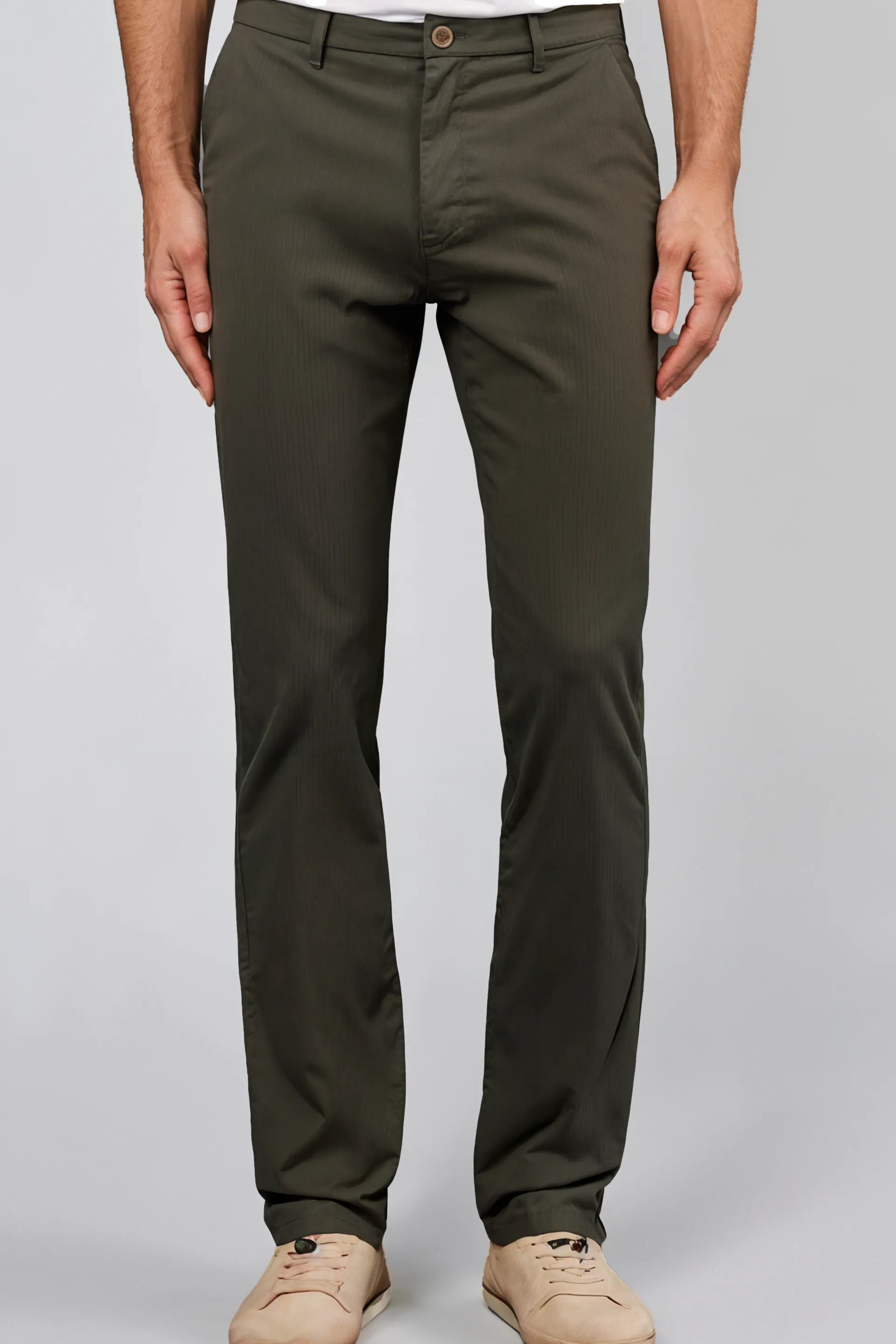 Olive Green Textured Cotton Chinos Pants