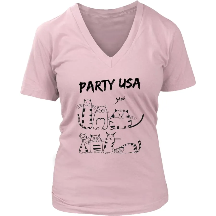 Party USA Shirt Womens V-Neck| Cat Lover T shirts (6 colors)