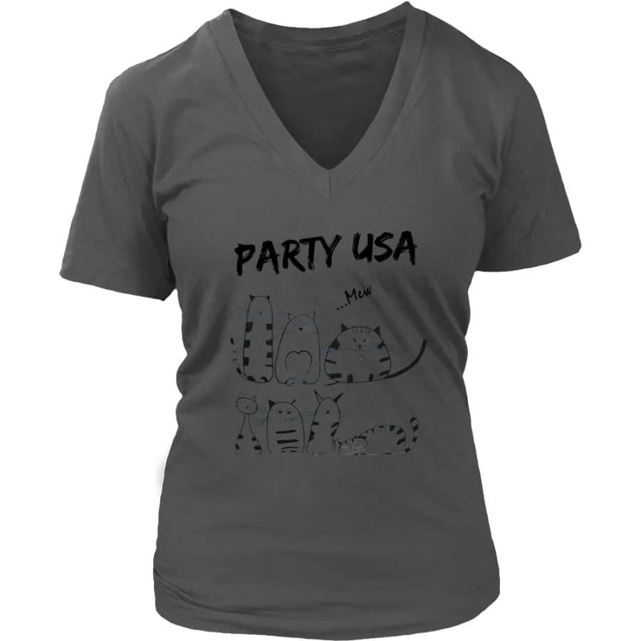 Party USA Shirt Womens V-Neck| Cat Lover T shirts (6 colors)