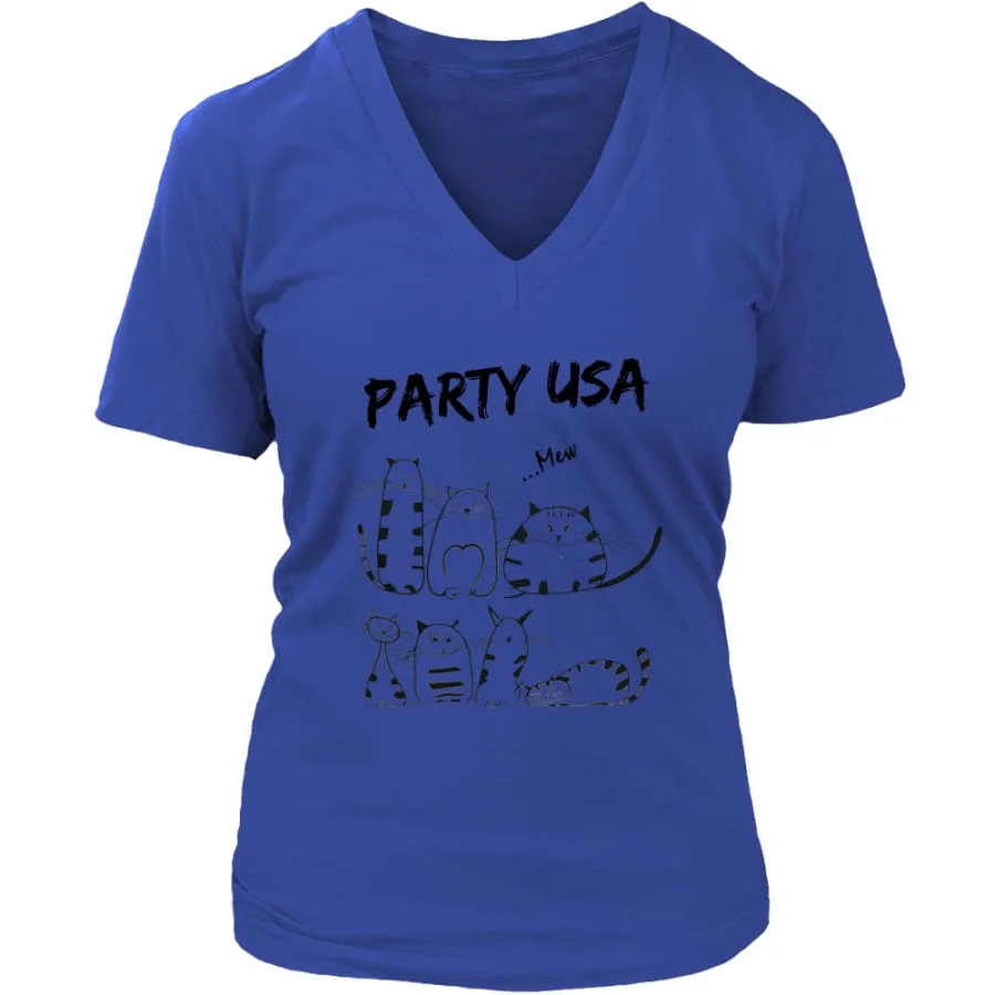 Party USA Shirt Womens V-Neck| Cat Lover T shirts (6 colors)