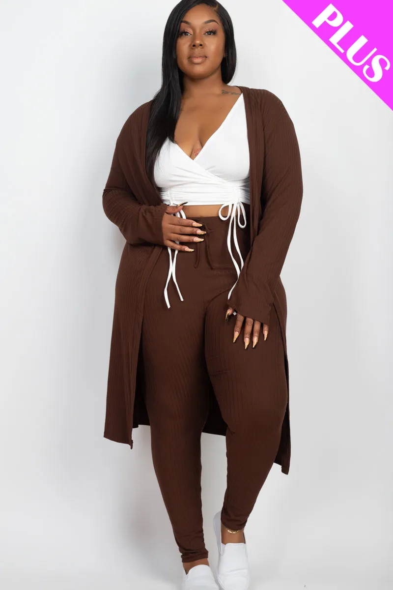 Plus Size Ribbed Long Cardigan & Leggings Set