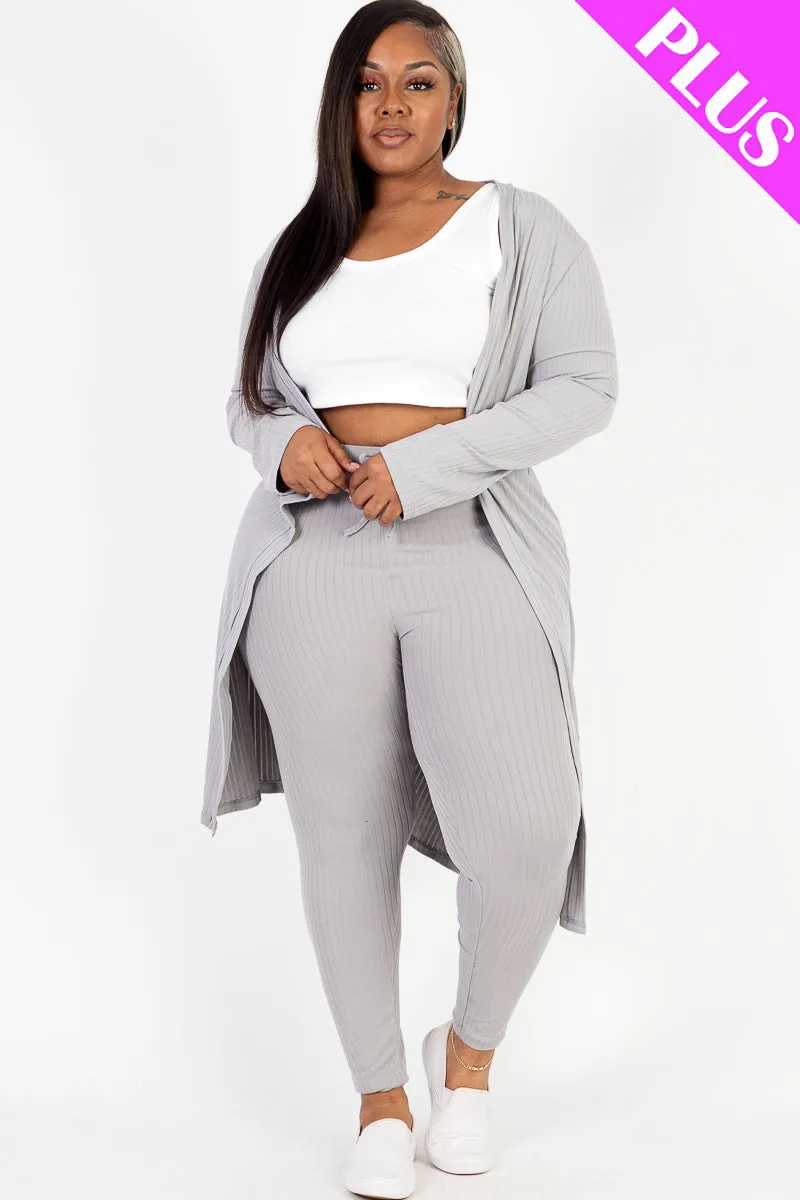 Plus Size Ribbed Long Cardigan & Leggings Set