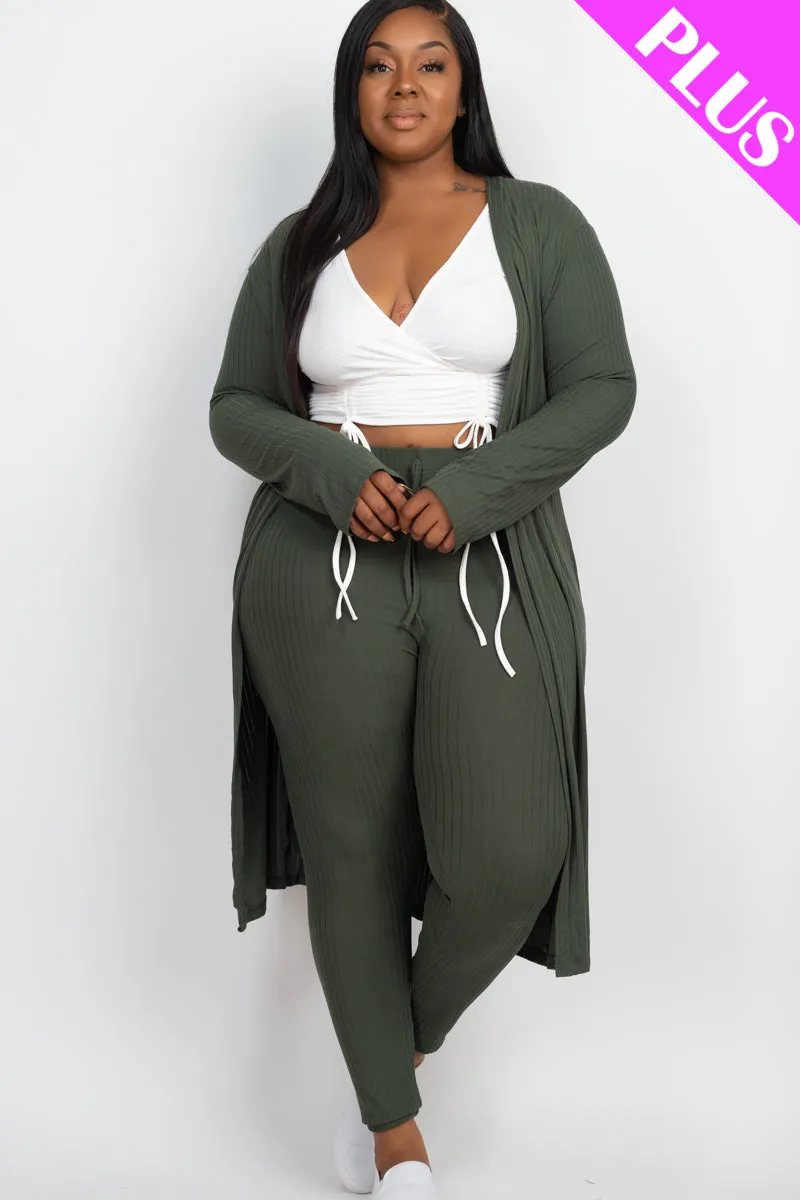 Plus Size Ribbed Long Cardigan & Leggings Set