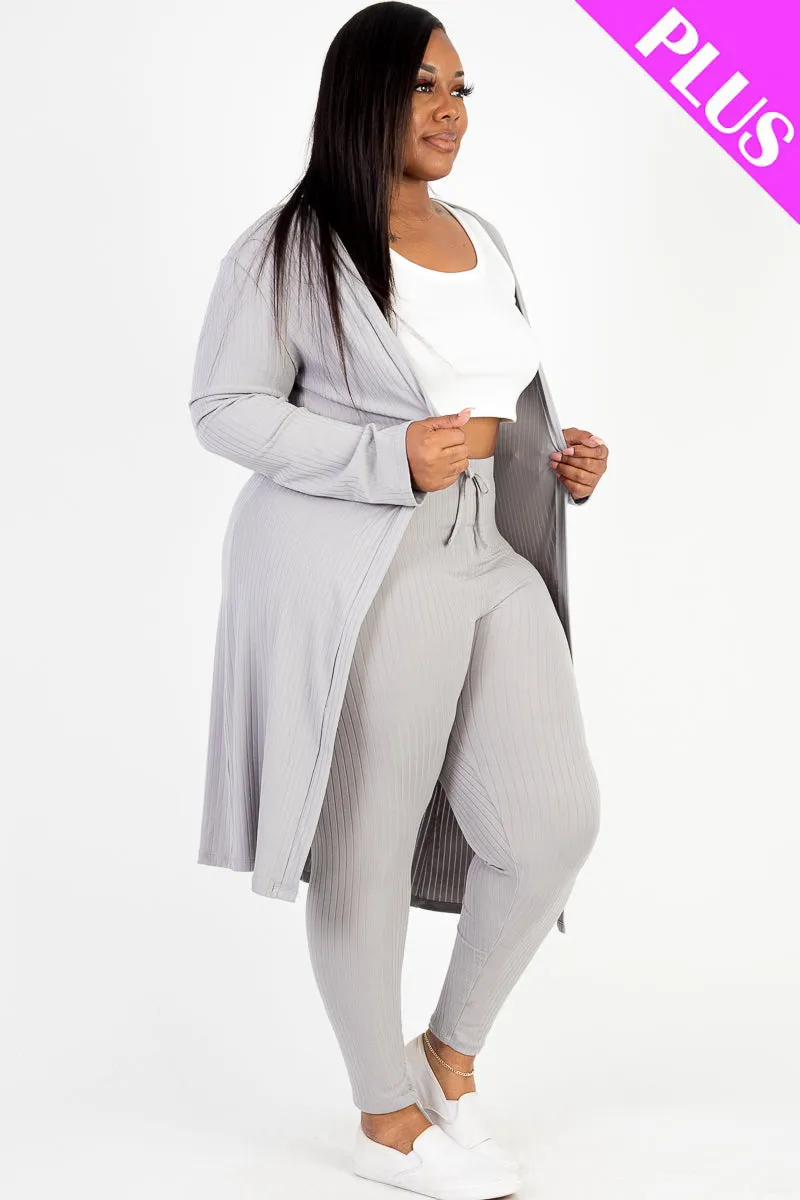 Plus Size Ribbed Long Cardigan & Leggings Set