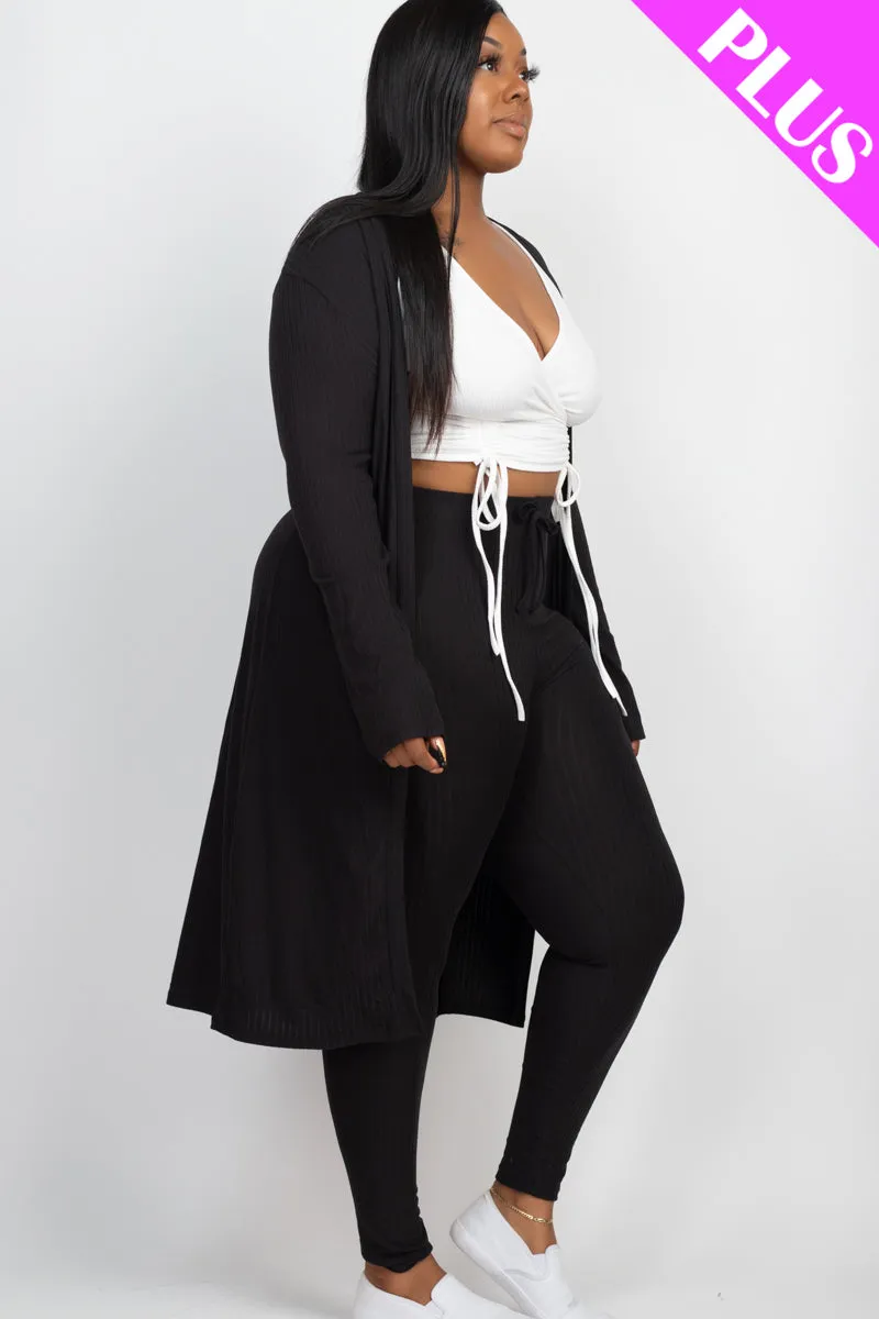 Plus Size Ribbed Long Cardigan & Leggings Set