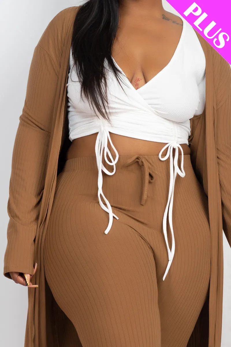 Plus Size Ribbed Long Cardigan & Leggings Set