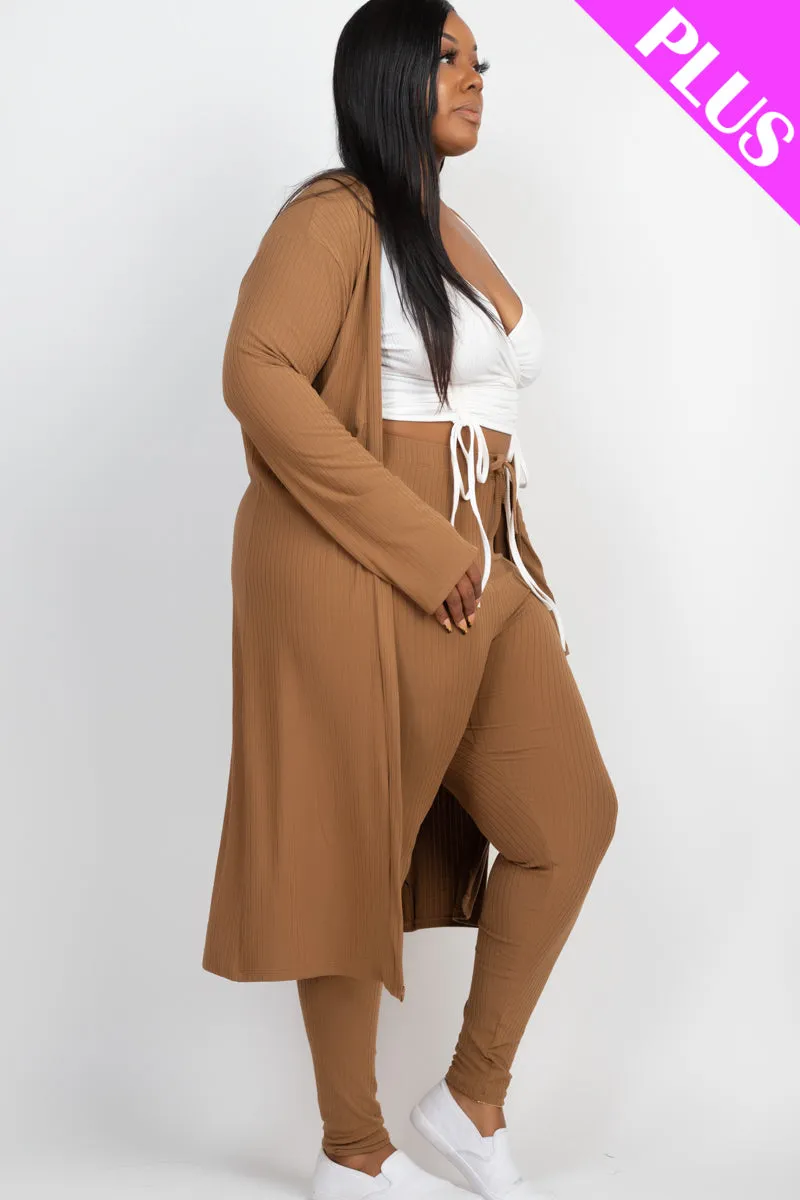 Plus Size Ribbed Long Cardigan & Leggings Set