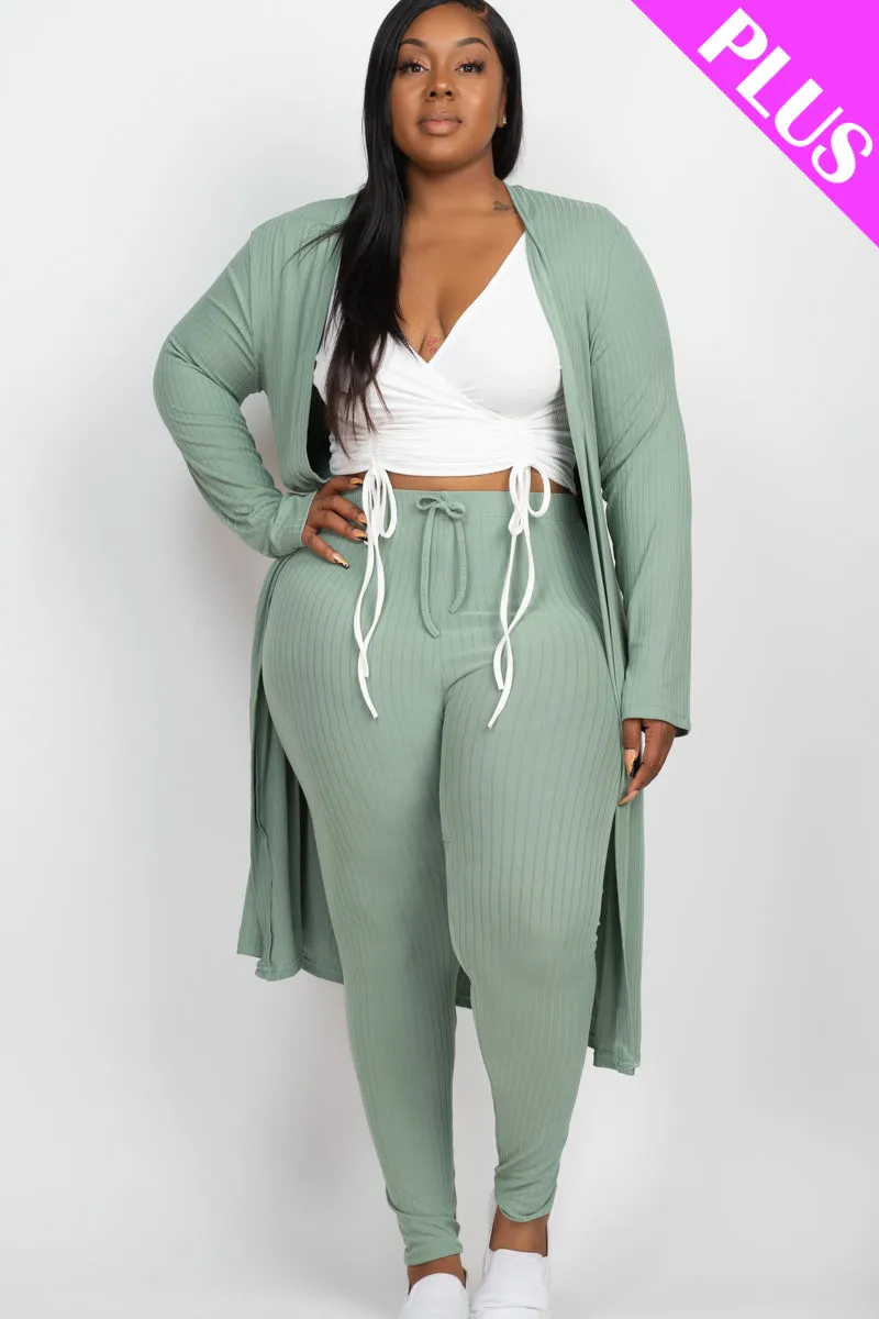 Plus Size Ribbed Long Cardigan & Leggings Set