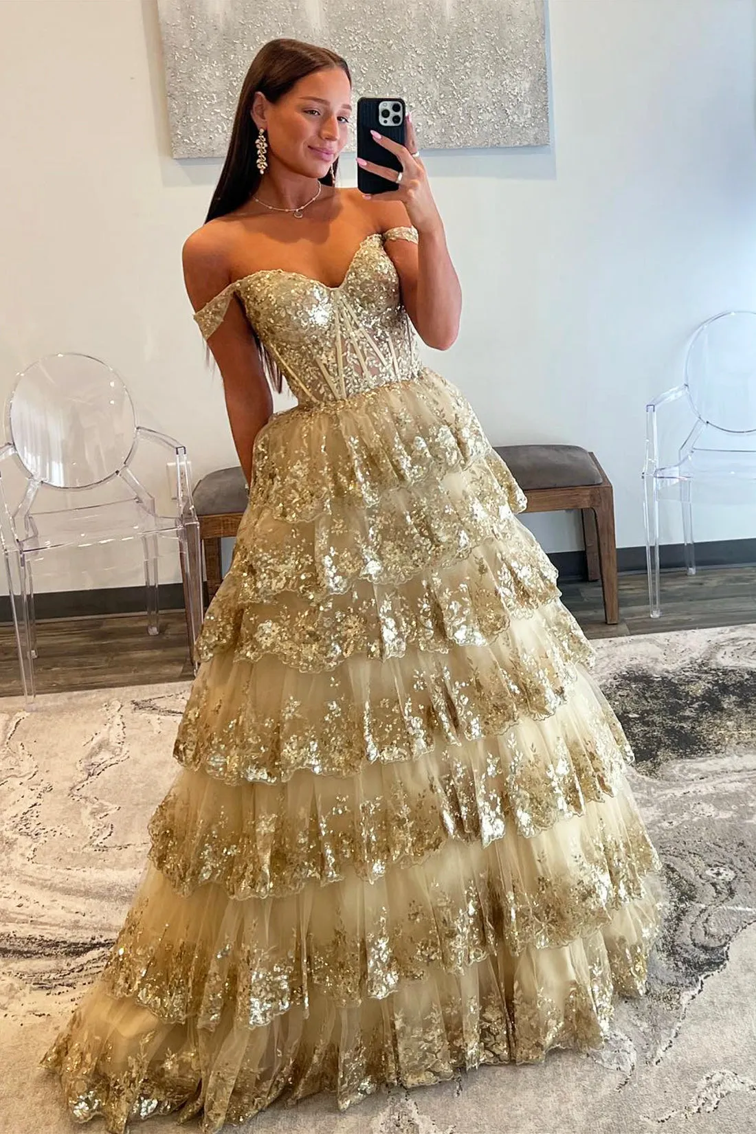 Princess Off the Shoulder Sequined Lace Champagne Prom Dress