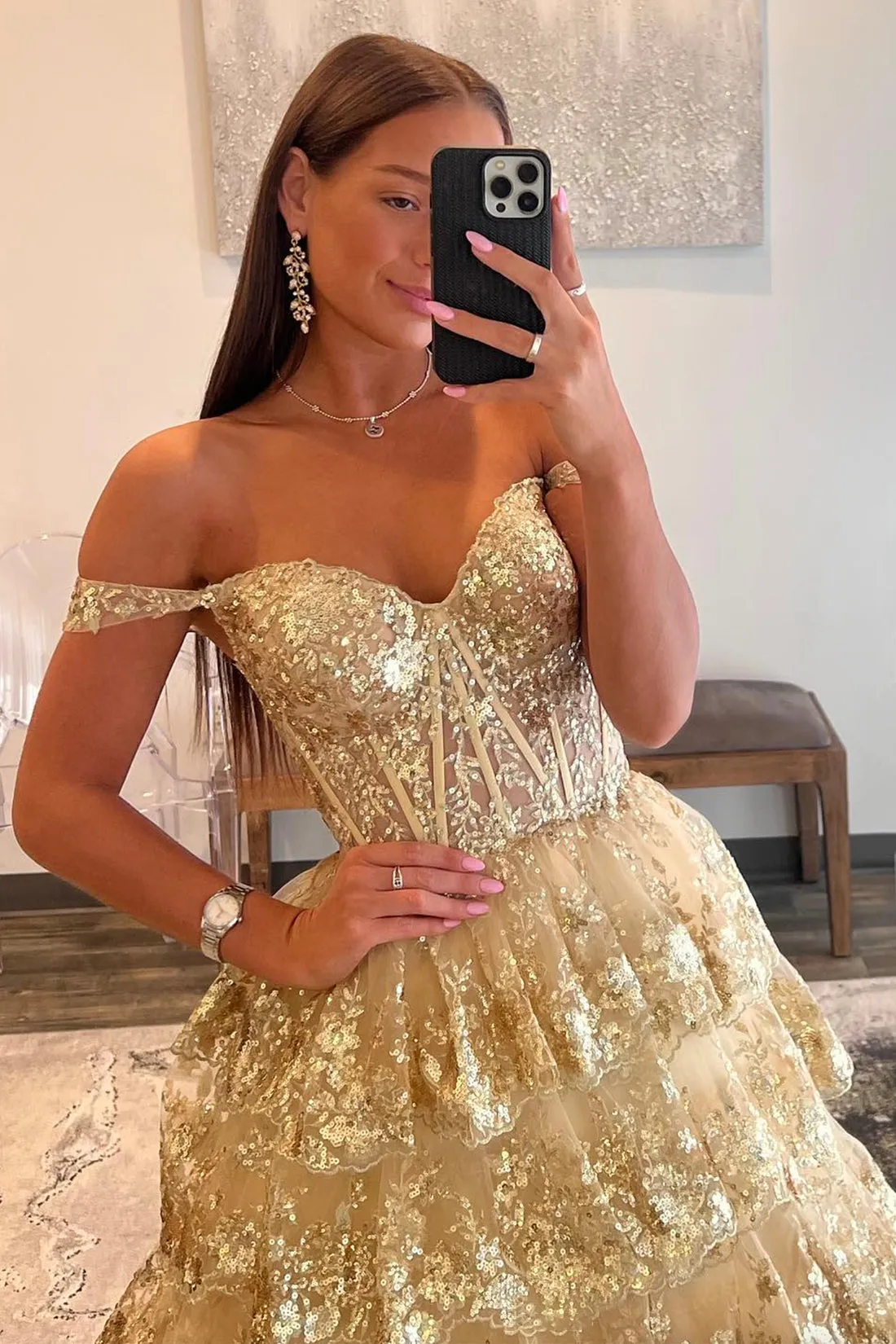 Princess Off the Shoulder Sequined Lace Champagne Prom Dress