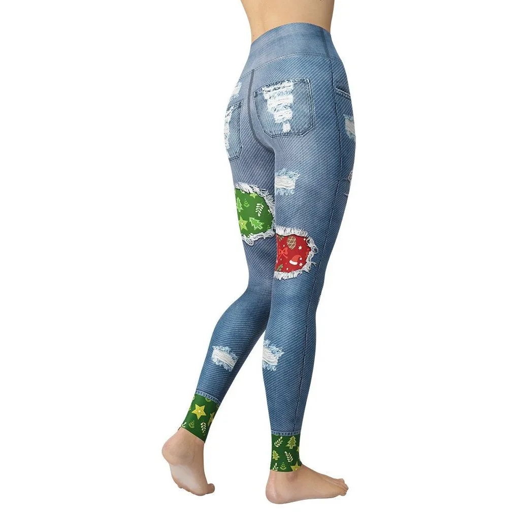 Ripped Denim Christmas Yoga Leggings