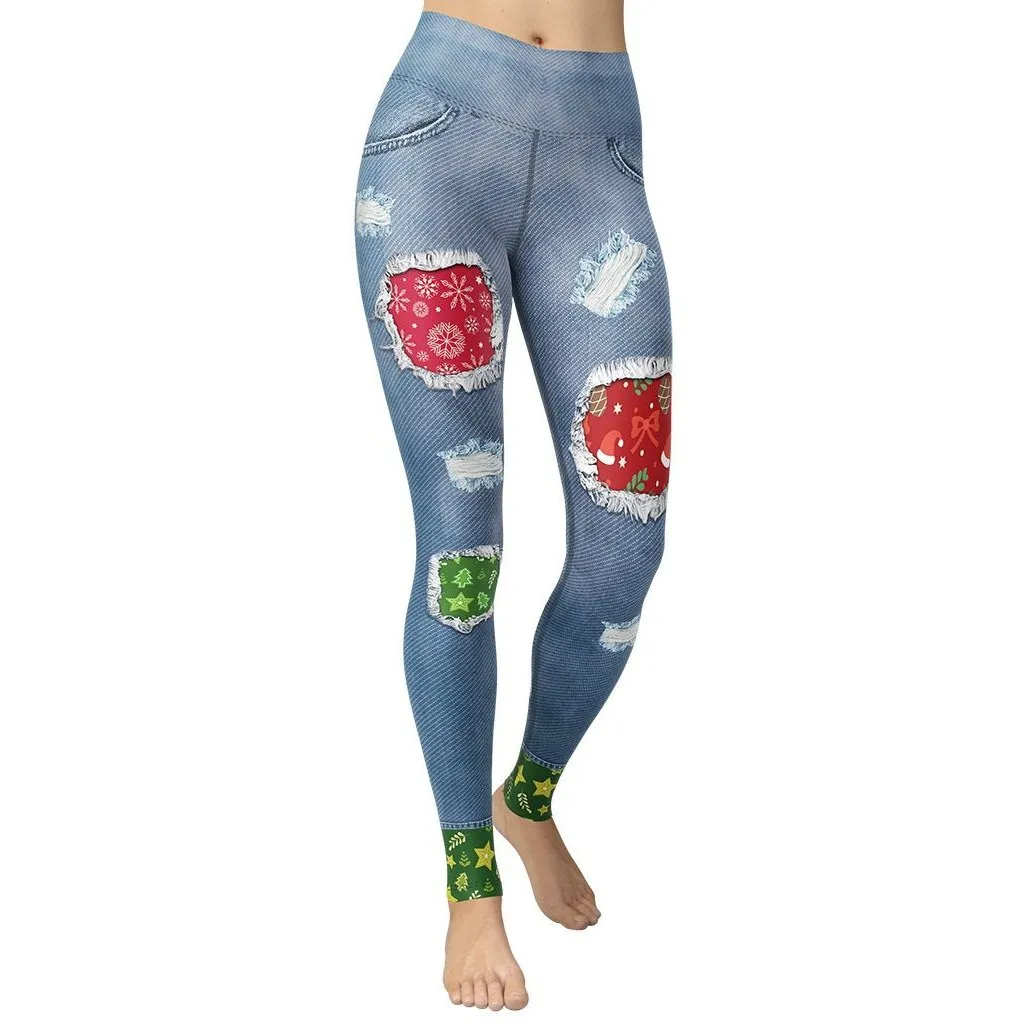 Ripped Denim Christmas Yoga Leggings