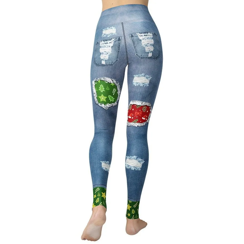 Ripped Denim Christmas Yoga Leggings