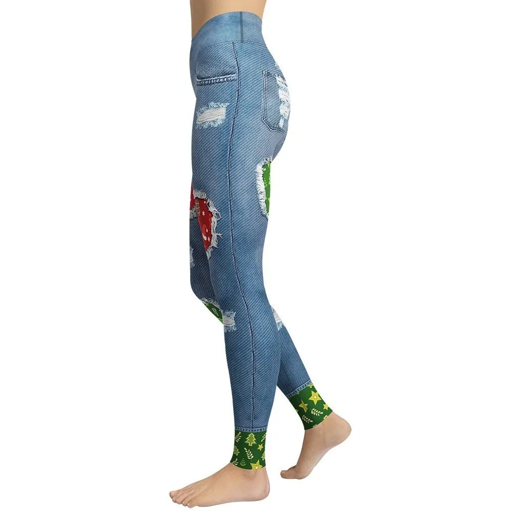 Ripped Denim Christmas Yoga Leggings