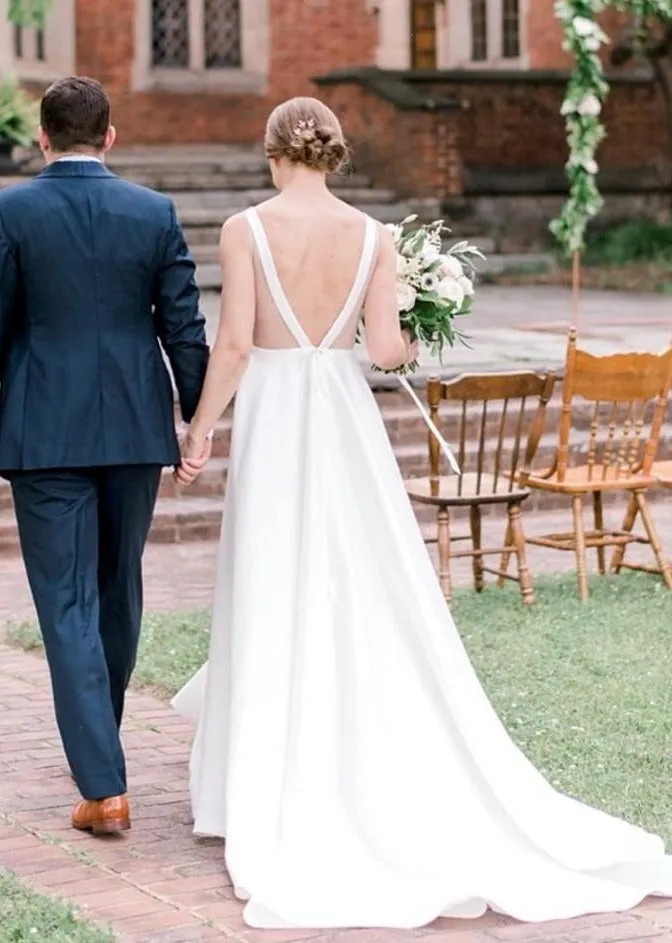 Sexy Back Ivory Satin Wedding Dress with Pocket