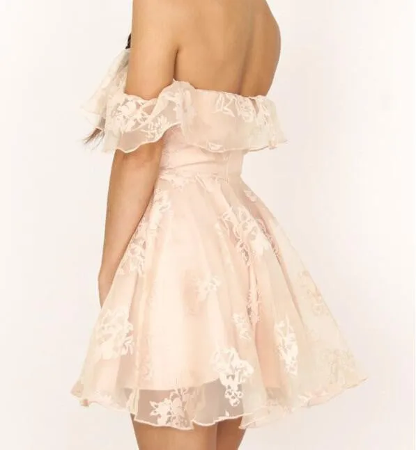 Short Pearl Pink Off-Shoulder Lace Homecoming Dress 8th Grade Grauduation Dance Dress